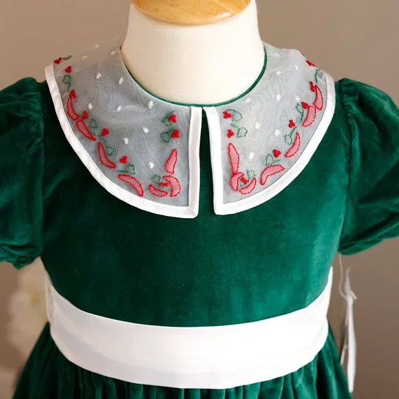 Strasburg Green Dress Cotton Velvet Organza Collar Satin Sash Size 5 NWT - Picture 3 of 6